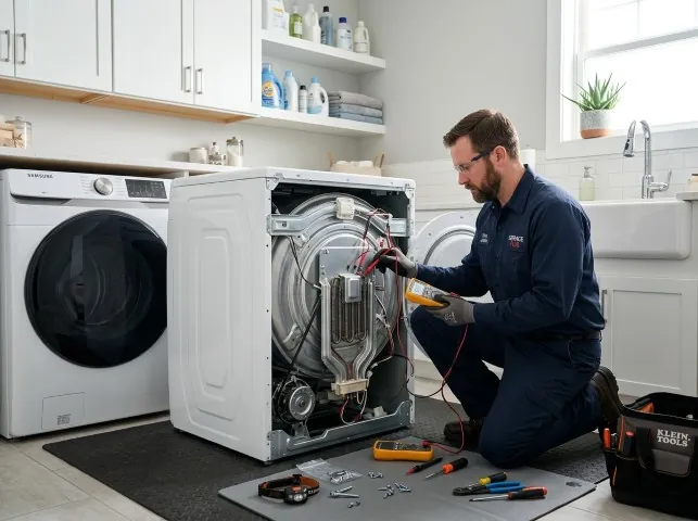 Appliance Repair Hero technician checking a dryer heating element with the rear panel off in Brice, OH