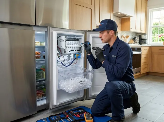 Appliance Repair Hero technician repairing a refrigerator ice maker in Brice, OH