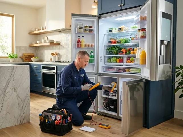 Appliance Repair Hero refrigerator technician testing a fridge on a Brice, OH service call