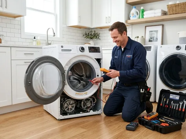 Appliance Repair Hero technician testing a front-load washer with a multimeter on a Brice, OH service call